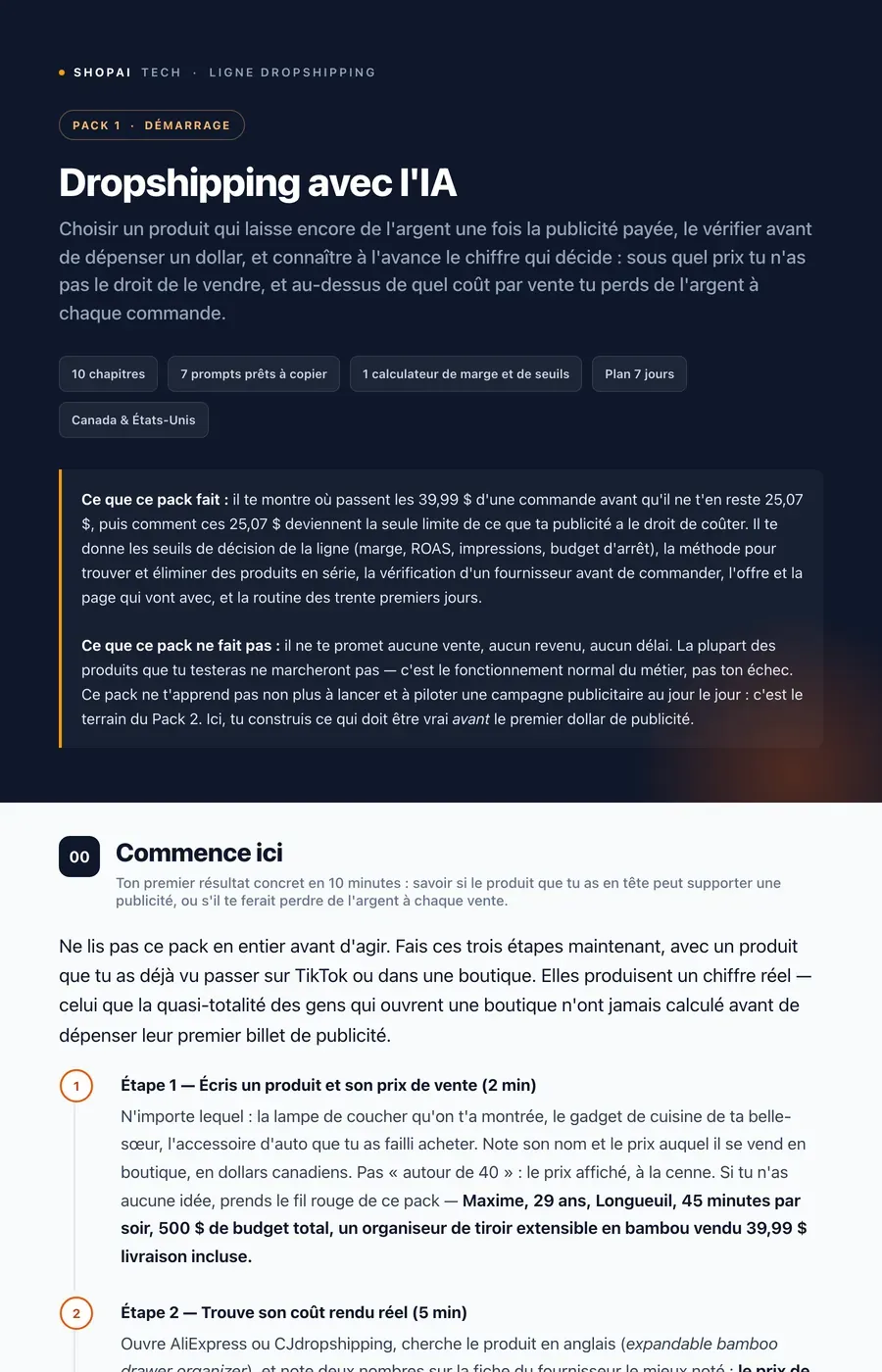 Le Pack 1 Dropshipping tel qu’il s’affiche sur un écran de téléphone