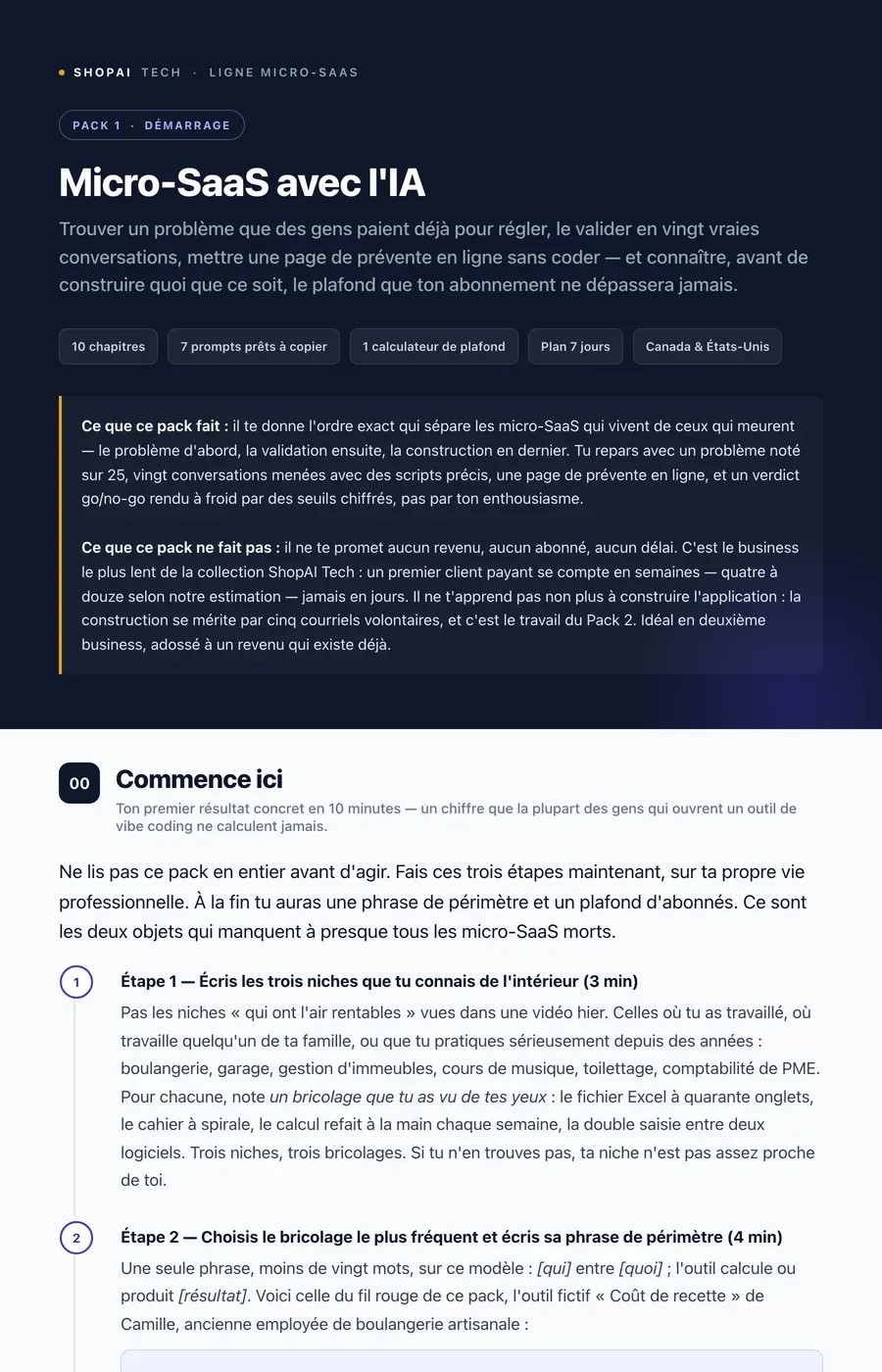 Aperçu réel des premières pages du pack Micro-SaaS